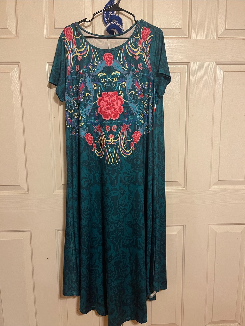 Teal Floral Embroidered Swing Dress